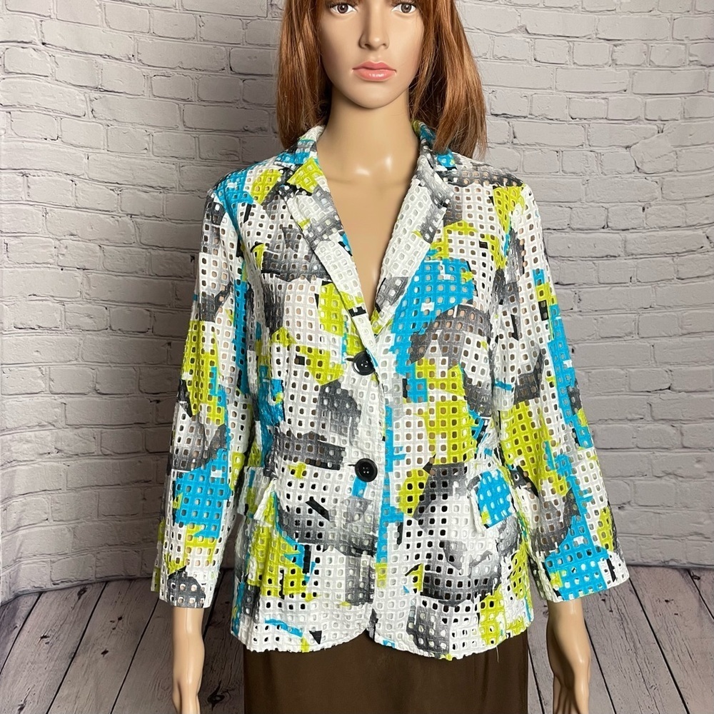 Per Se Eyelet Abstract Pattern Cotton 3/4 Sleeve Jacket Blazer Size 14
